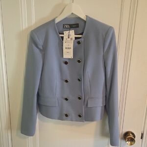 Zara Women's Soft Blue Double-Breasted Blazer